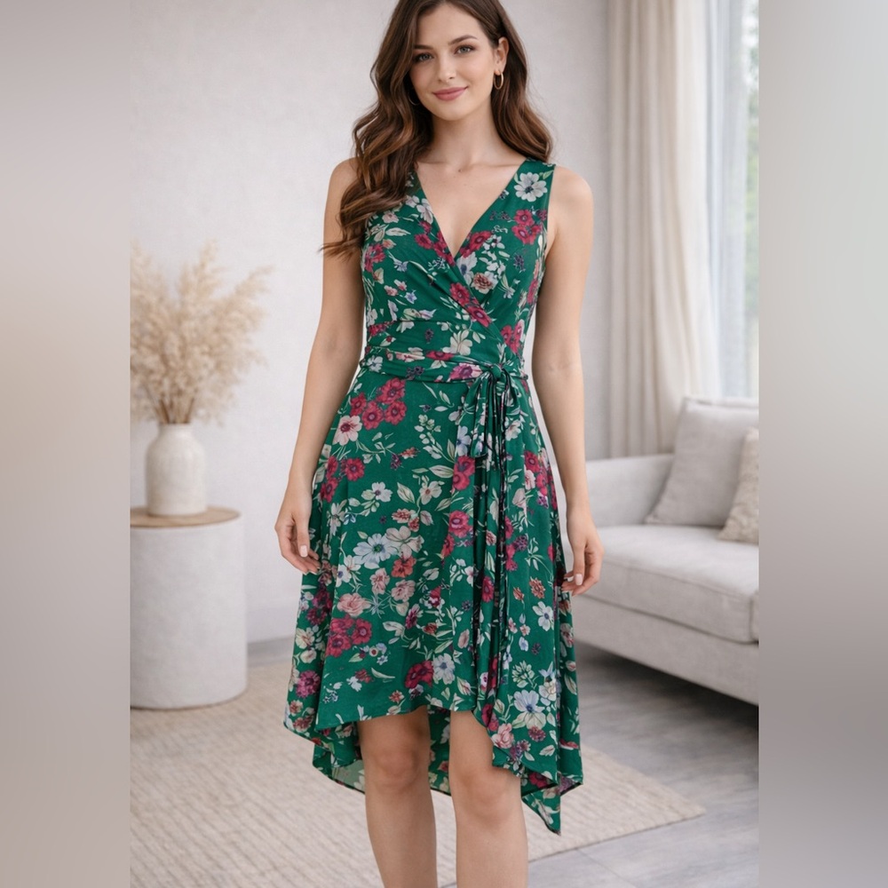 Eliza J Green Green Floral Faux Wrap Midi Dress